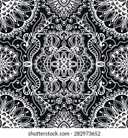 Vector geometric background with seamless texture. Tribal ethnic ornament. Islamic Arabic pattern. Black and white illustration