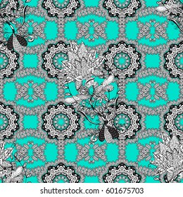 Vector geometric background. White color seamless illustration. White seamless pattern on blue background with white floral elements. For your design, wallpaper.