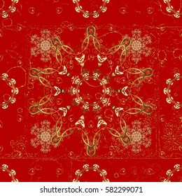 Vector geometric background. For your design, wallpaper. Golden pattern on red background with golden elements. Golden color illustration.