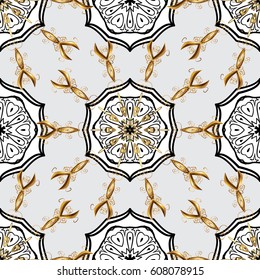 Vector geometric background. For your design, wallpaper. Golden pattern on gray background with golden elements. Golden color seamless illustration.