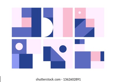 Vector Geometric Backgrounds set in blue pink colors. Simple Minimalistic Colorful Pattern based on Grid and keyline shapes. Artwork Business Web Presentation Cover Fabric