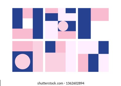 Vector Geometric Backgrounds set in blue pink colors. Simple Minimalistic Colorful Pattern based on Grid and keyline shapes. Artwork Business Web Presentation Cover Fabric