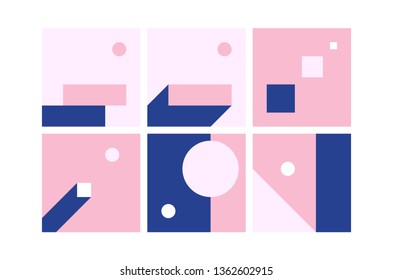 Vector Geometric Backgrounds set in blue pink colors. Simple Minimalistic Colorful Pattern based on Grid and keyline shapes. Artwork Business Web Presentation Cover Fabric