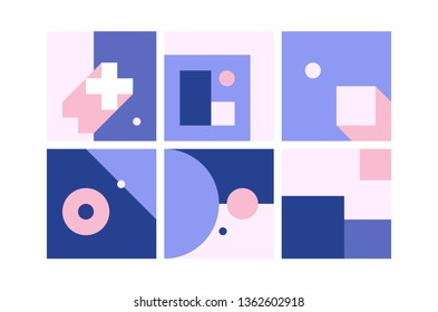 Vector Geometric Backgrounds set in blue pink colors. Simple Minimalistic Colorful Pattern based on Grid and keyline shapes. Artwork Business Web Presentation Cover Fabric