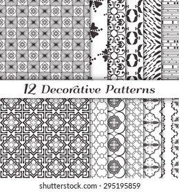 Vector geometric backgrounds set, seamless patterns collection, repeating fabric texture. Black and white.