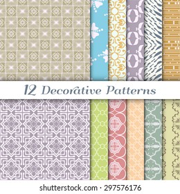 Vector geometric backgrounds set, seamless patterns collection, repeating fabric texture.