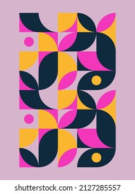 Vector geometric bauhaus pattern with leaves. Pattern in neon pink, warm yellow, dark blue colors. Vector pattern for banners, covers, backgrounds, poster art, textile design, decorative prints, invit