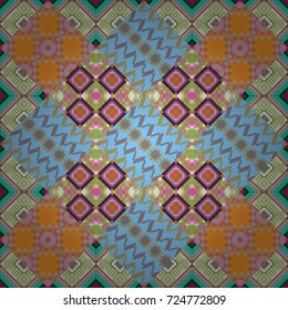 Vector geometric beige, blue and green flat seamless pattern.