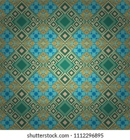 Vector geometric beige, green and blue seamless background.