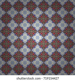 Vector geometric beige, green and blue flat seamless pattern.