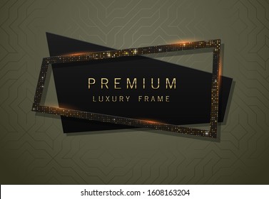 Vector geometric black banner with sparkling golden sequins frame. Premium label design for logo or cover tagline