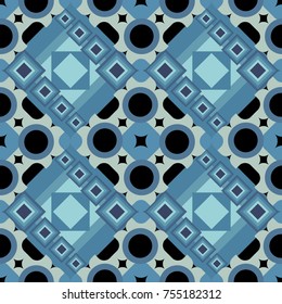 Vector geometric black, gray and blue flat seamless pattern.
