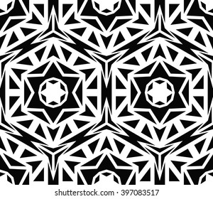 Vector Geometric Black and White Pattern. Abstract background with star elements and flower motif. Black triangles on white background