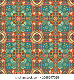 Vector geometric blue, brown and pink flat seamless pattern.