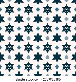Vector geometric blue color star grid line seamless pattern background. Sino-Portuguese, Peranakan pattern. Use for fabric, textile, interior decoration elements, upholstery, wrapping.