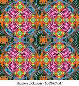 Vector geometric blue, green and pink flat seamless pattern.