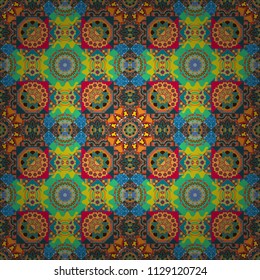 Vector geometric blue, green and yellow flat seamless pattern.