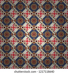 Vector geometric blue, orange and beige flat seamless pattern.