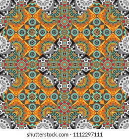 Vector geometric blue, orange and gray flat seamless pattern.