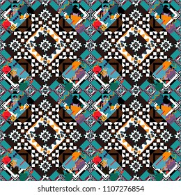 Vector geometric blue, white and black flat seamless pattern.