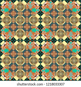 Vector geometric blue, yellow and orange seamless background.