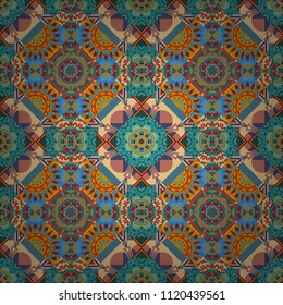 Vector geometric blue, yellow and pink seamless background.