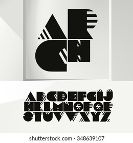 Vector geometric bold font made from diagonal lines and black shapes for architectural tetters
