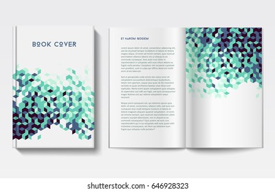 Vector geometric book cover and pages, abstract triangle design in green colors, modern graphic style