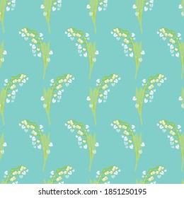Vector geometric botany lily of the valley pattern with hand drawn flower and heart on teal background. Seamless nature background. Perfect for mothers day, valentine, wedding, gift wrap, paper