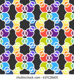 Vector geometric bright yellow, red, blue seamless pattern, abstract figures with outline on dark grey background 