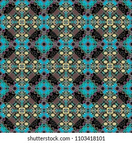 Vector geometric brown, black and blue flat seamless pattern.