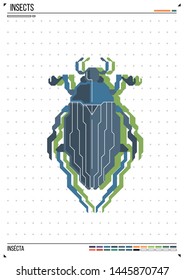 Vector geometric bug or beetle. Insect on poster background. Ideal for print, greeting card, nursery poster.