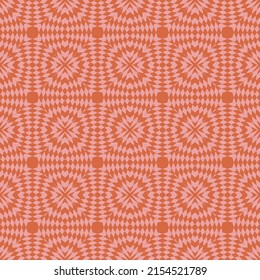 Vector geometric burst background. Orange and pink seamless pattern with optical illusion effect. Abstract checkered ornament texture. Retro style pattern. Endless repeat design for decor, print, wrap