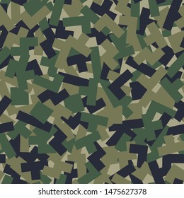 Vector geometric camouflage seamless pattern. Khaki design style for t-shirt. Military texture debris shape pattern, camo clothing while hunting illustration.