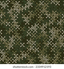 Vector geometric camouflage seamless pattern with simple cross shapes silhouettes. Abstract background texture, repeat tiles. Khaki and olive color camo. Minimalistic design for decor, prints, covers