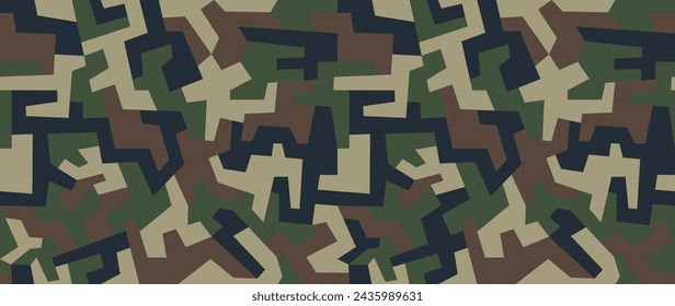 Vector geometric camouflage seamless pattern. Khaki design style for t-shirt. Military texture debris shape pattern, camo clothing while hunting illustration