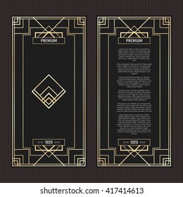 Vector Geometric Cards In Art Deco Style. Light Golden Tickets. Premium Black And Gold Menu With Logo.