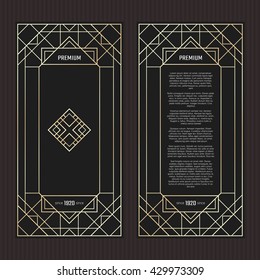 Vector geometric cards in Art Deco style. Premium abstract design. Light golden frame in luxury style. Menu with logo. Black and gold tickets.