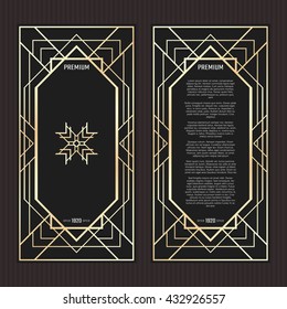 Vector Geometric Cards In Art Deco Style. Premium Golden Menu With Logo. Black And Gold Tickets.