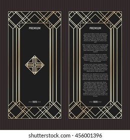 Vector geometric cards in Art Deco style. Black and golden tickets. Gradient gold menu.