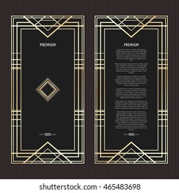 Vector Geometric Cards In Art Deco Style. Light Golden Flyers. Premium Vector Frame In Luxury Style. Restaurant Menu With Logo. Black And Gold Tickets