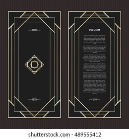 Vector geometric cards in Art Deco style. Light golden flyers. Premium vector frame in luxury style. Restaurant menu with logo. Black and gold tickets.