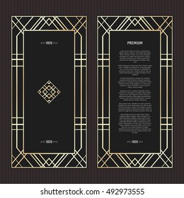 Vector geometric cards in Art Deco style. Light golden flyers. Premium vector frame in luxury style. Restaurant menu with logo. Black and gold tickets.