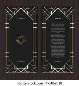 Vector Geometric Cards In Art Deco Style. Light Golden Flyers. Premium Vector Frame In Luxury Style. Restaurant Menu With Logo. Black And Gold Tickets.