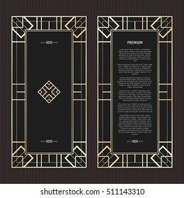 Vector geometric cards in Art Deco style. Light golden flyers. Premium vector frame in luxury style. Restaurant menu with logo. Black and gold tickets.