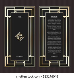 Vector geometric cards in Art Deco style. Light golden flyers. Premium vector frame in luxury style. Restaurant menu with logo. Black and gold tickets.