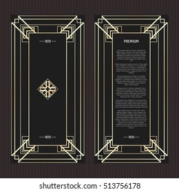 Vector geometric cards in Art Deco style. Light golden flyers. Premium vector frame in luxury style. Restaurant menu with logo. Black and gold tickets.