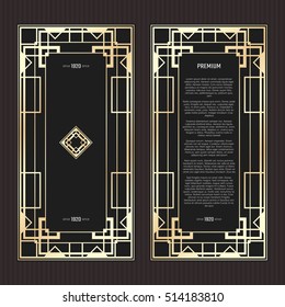 Vector geometric cards in Art Deco style. Light golden flyers. Premium vector frame in luxury style. Restaurant menu with logo. Black and gold tickets.
