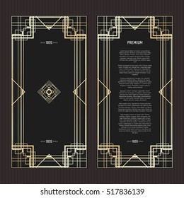 Vector geometric cards in Art Deco style. Light golden flyers. Premium vector frame in luxury style. Restaurant menu with logo. Black and gold tickets.