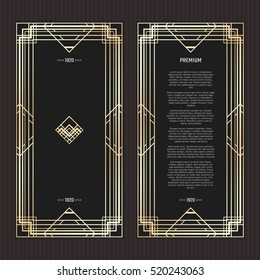 Vector geometric cards in Art Deco style. Light golden flyers. Premium vector frame in luxury style. Restaurant menu with logo. Black and gold tickets.